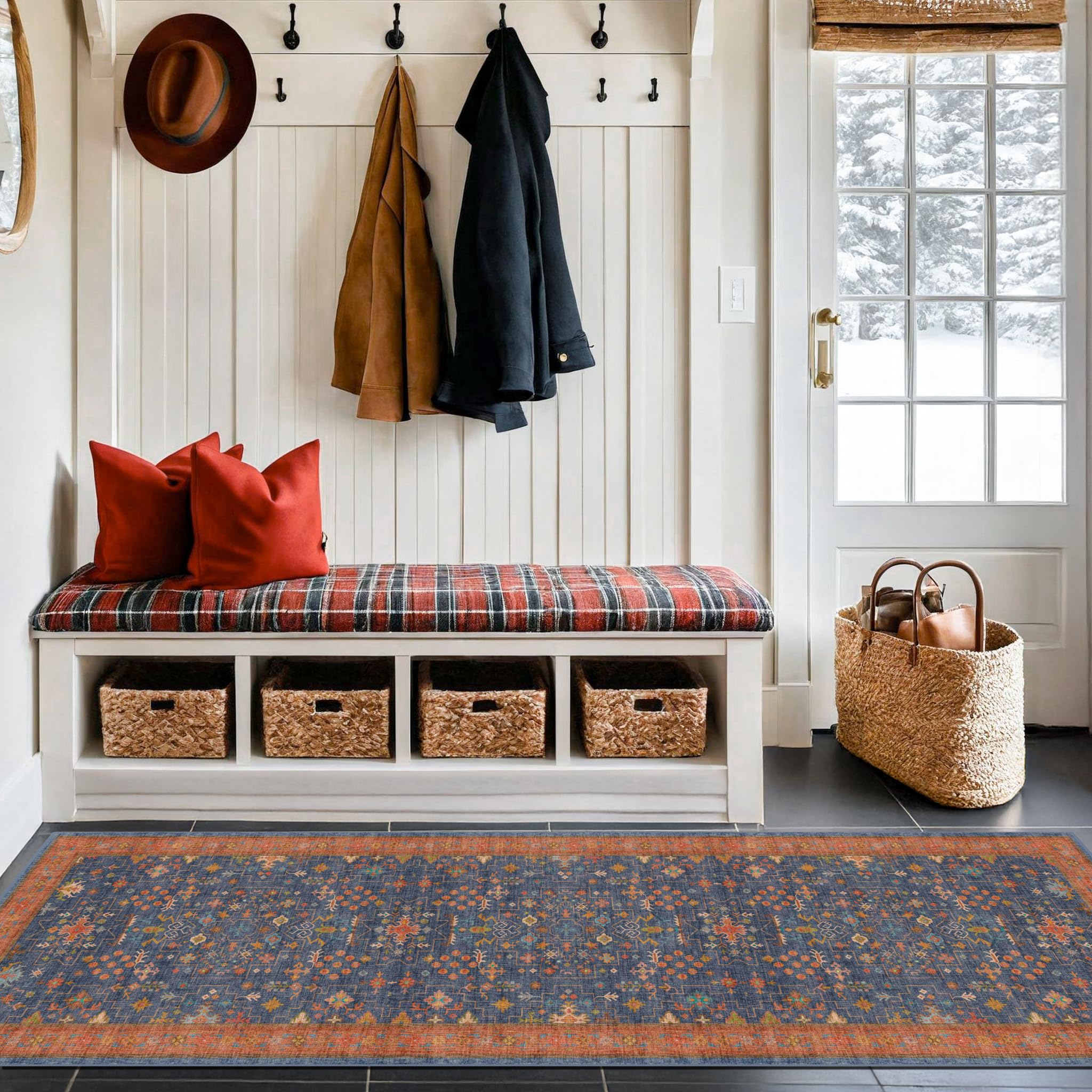 Washable 8 ft Long Runner for Kitchen Floor - Navy Blue Hallway Runner Rug, Pet Friendly Waterproof Non Slip with Rubber Backing, Stain Resistant Laundry Room Rug (2'6"x8' Navy Blue & Terracotta)