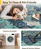 Area Rugs 7ft Washable Non-Slip, Floral Vintage Distress Print Pattern Medallion Carpet for Living Room Bedroom Dining Room, Teal Green Lake Blue Turquoise