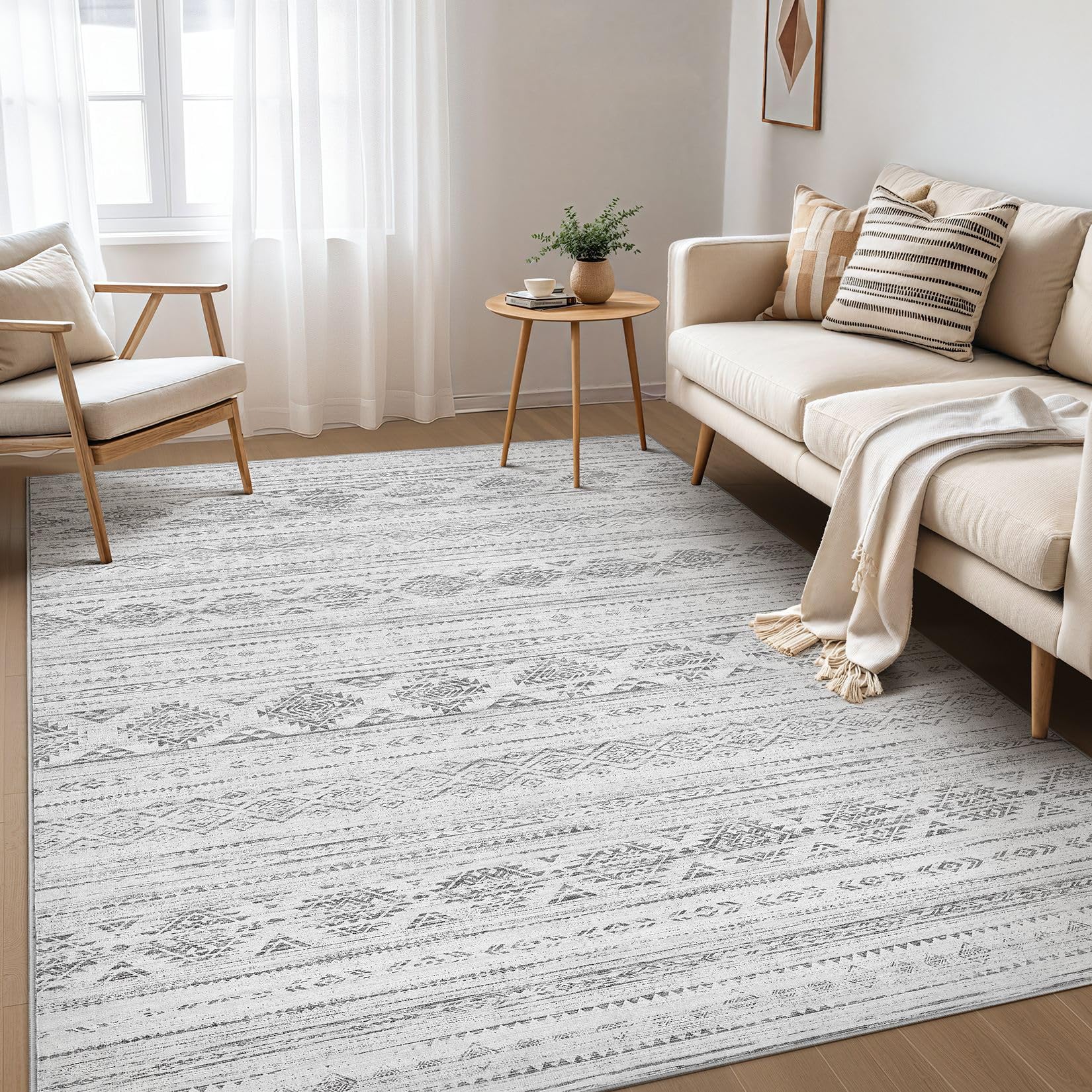 Nakagishi 5x8 Area Rugs Living Room: Washable Boho Large Neutral Soft Farmhouse Rug Stain Resistant Modern Indoor Floor Non-Slip Carpet for Bedroom Nursery Kids Office Dining Room Dorm - Dark Grey