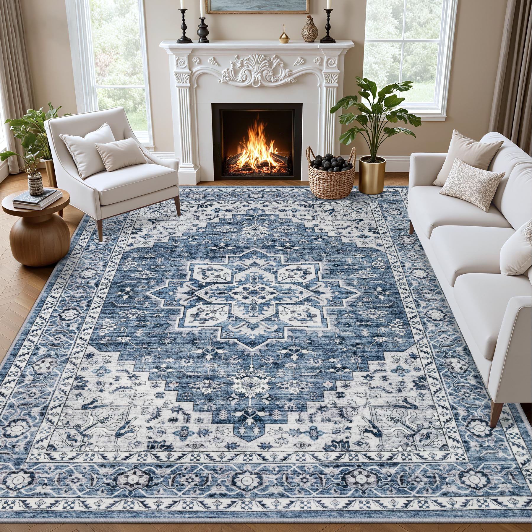 ExpediX 4x6 Area Rugs Living Room: Washable Vintage Rug for Bedroom Blue