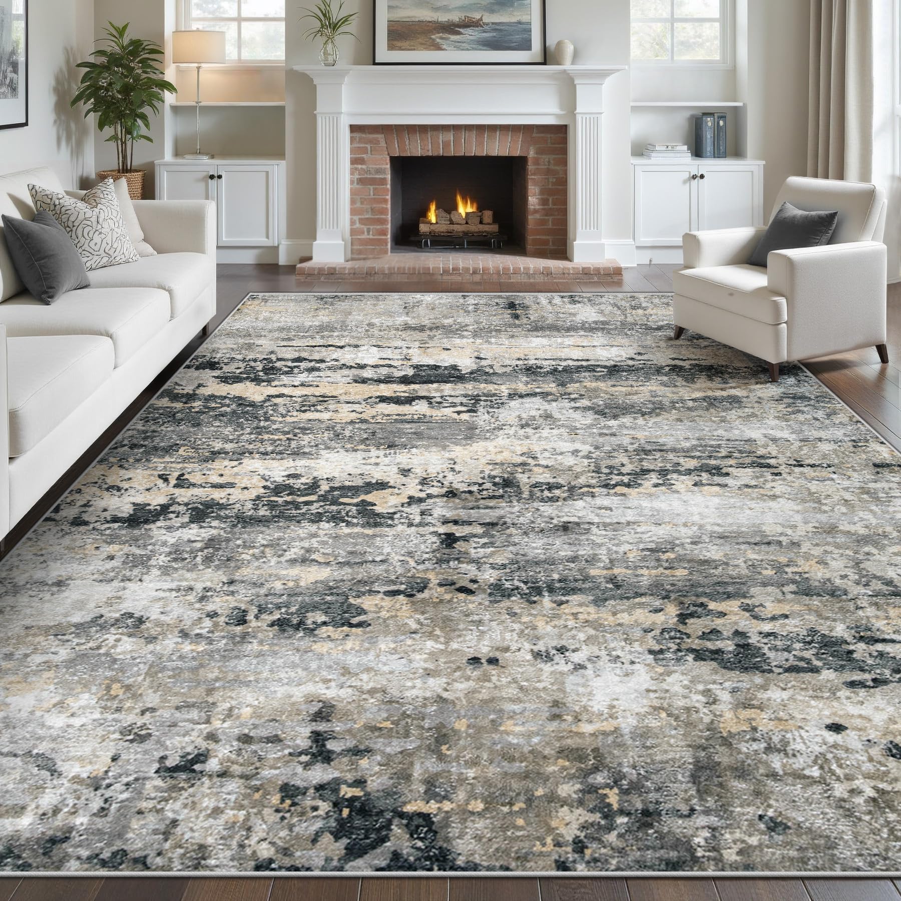 pmtsns Area Rugs 8x10 for Living Room: Washable Rug Modern Abstract Neutral Soft Non-Slip Low-Pile Indoor Large Carpet for Bedroom Dining Room Playroom Home Office (Black Grey Brown, 8'x10')