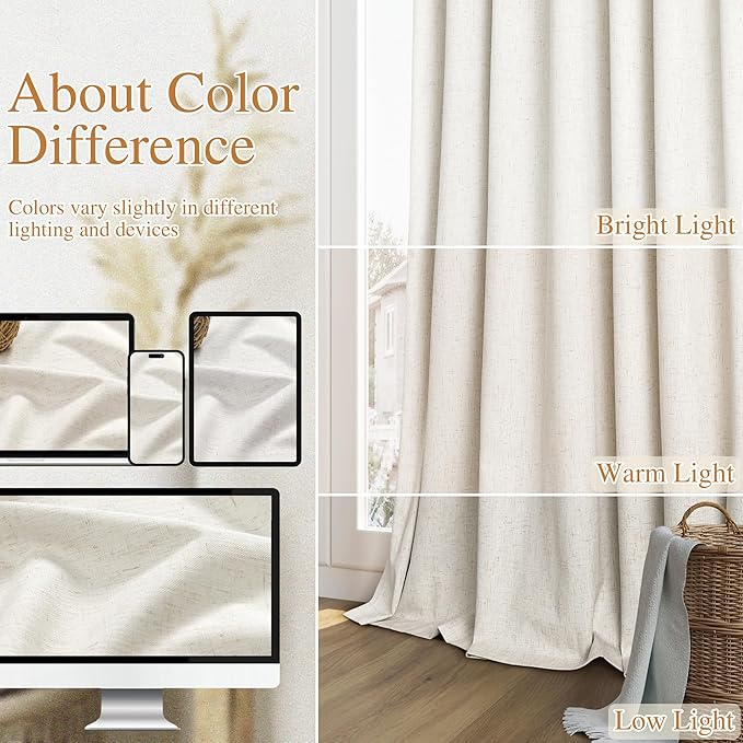 Extra Long 100% Blackout Linen Curtains for Bedroom 106 Inches Long Natural Cream Black Out Curtain Back Tab Thermal Insulated Room Darkening Window Drapes for Living Room 2 Panels Beige Ivory 52x106