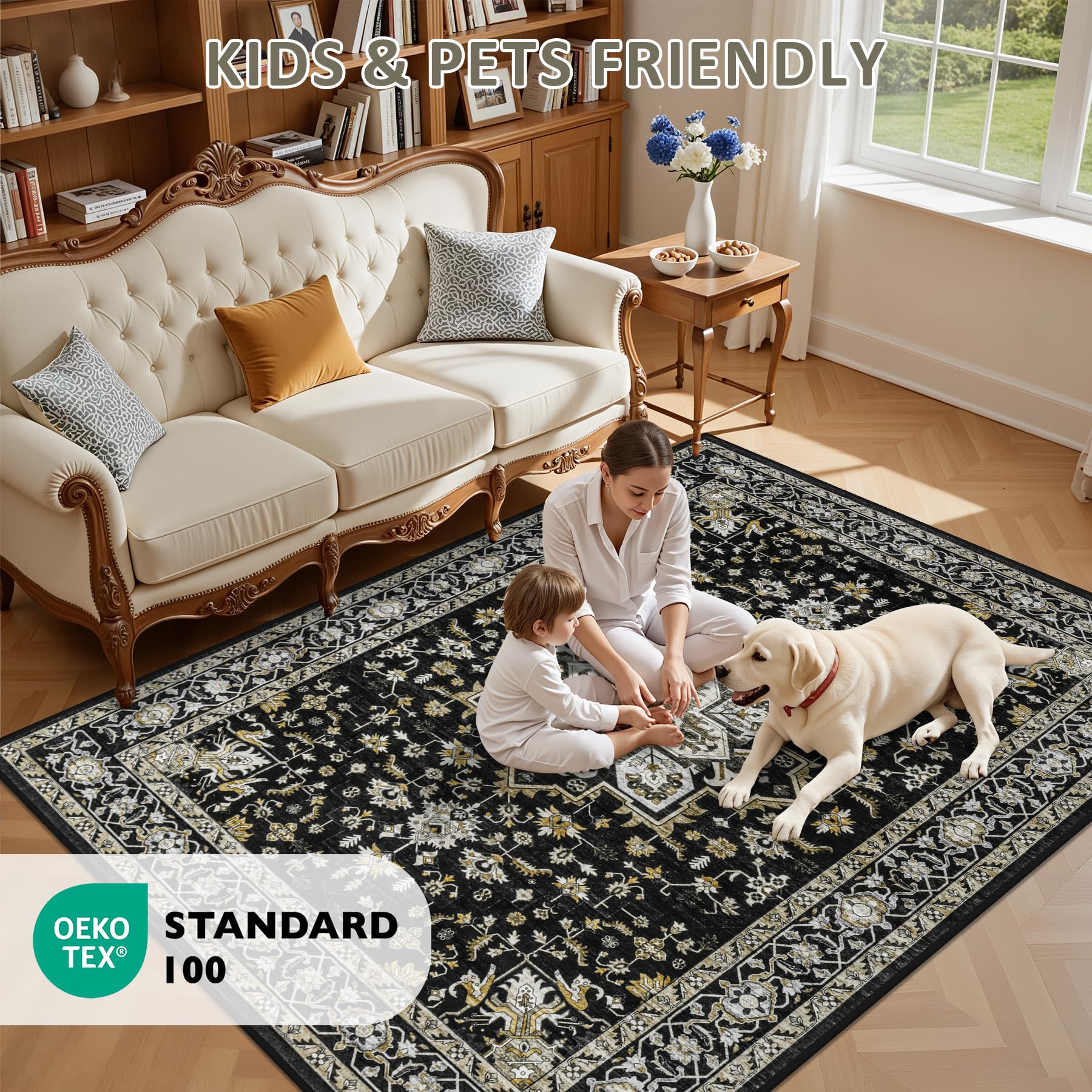 ExpediX 9x12 Area Rugs Living Room: Washable Rug for Bedroom Black Gold