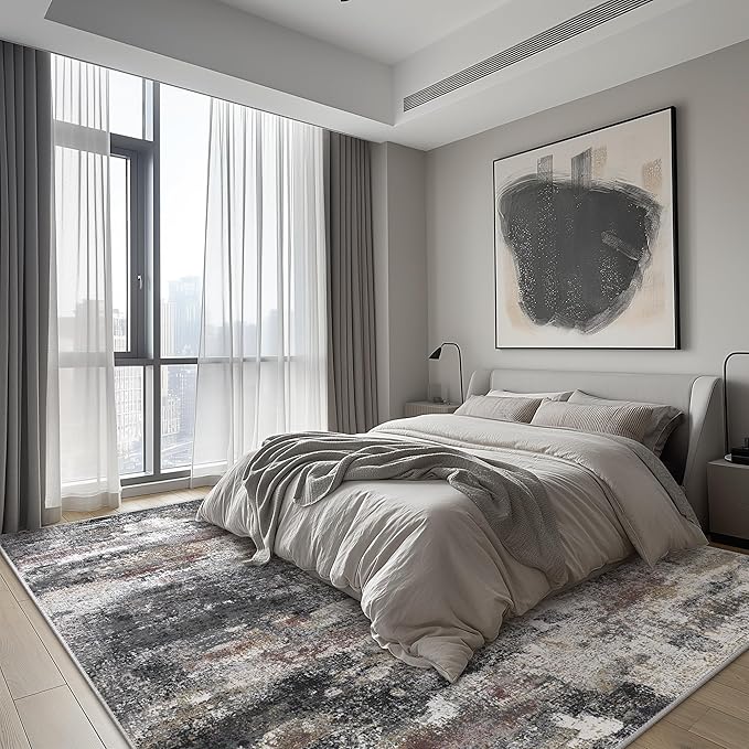 Area Rugs 9x12 for Living Room Bedroom, Large Modern Abstract Machine Washable Soft Dark Gray Rug, Floor Carpet with Non Slip Backing for Dining Room