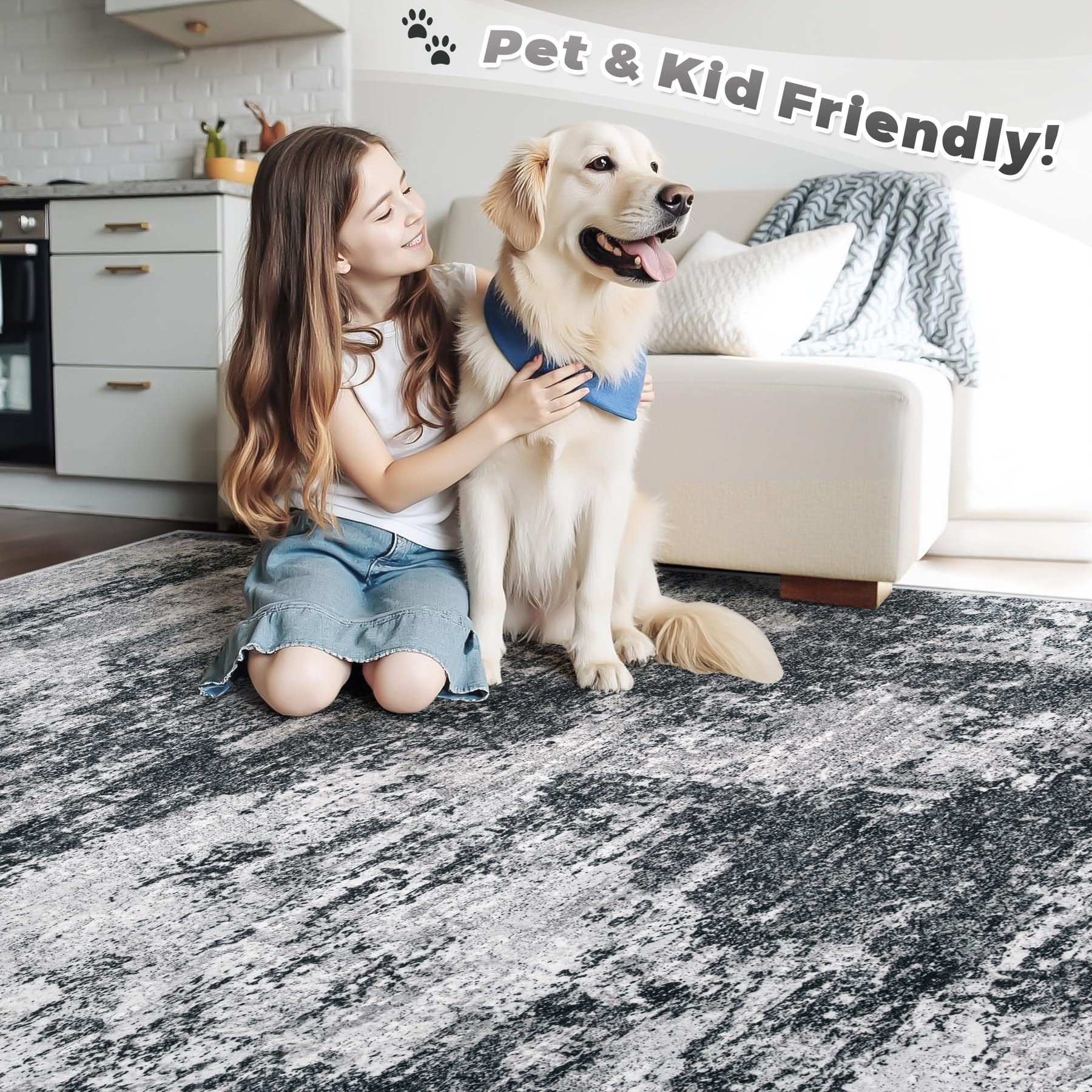 pmtsns Area Rugs 6x9 for Living Room: Washable Rug Modern Abstract Neutral Soft Non-Slip Low-Pile Indoor Carpet for Bedroom Dining Room Playroom Home Office (Black Grey, 6'x9')