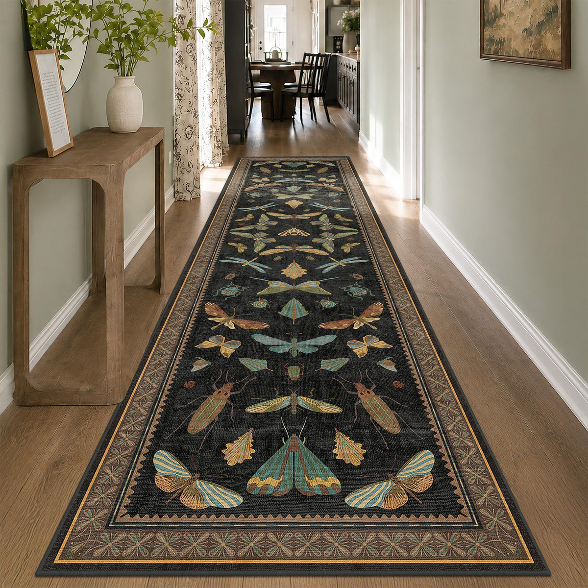 3x12 Long Hallway Runner Rug Non Slip - Washable Front Door Runner Indoor Entrance, Boho Nature Insect Stain Resistant Kitchen Carpet, Low Pile & Soft Indoor Décor (Dark Green)