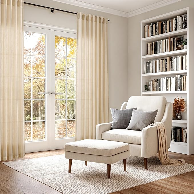 Extra Long Tan Linen Curtains 120 Inches for Living Room Back Tab Neutral Farmhouse Drapes Light Filtering Semi Sheer Curtain 120 inch for Floor to Ceiling Window Patio Sliding Door,2 Panels