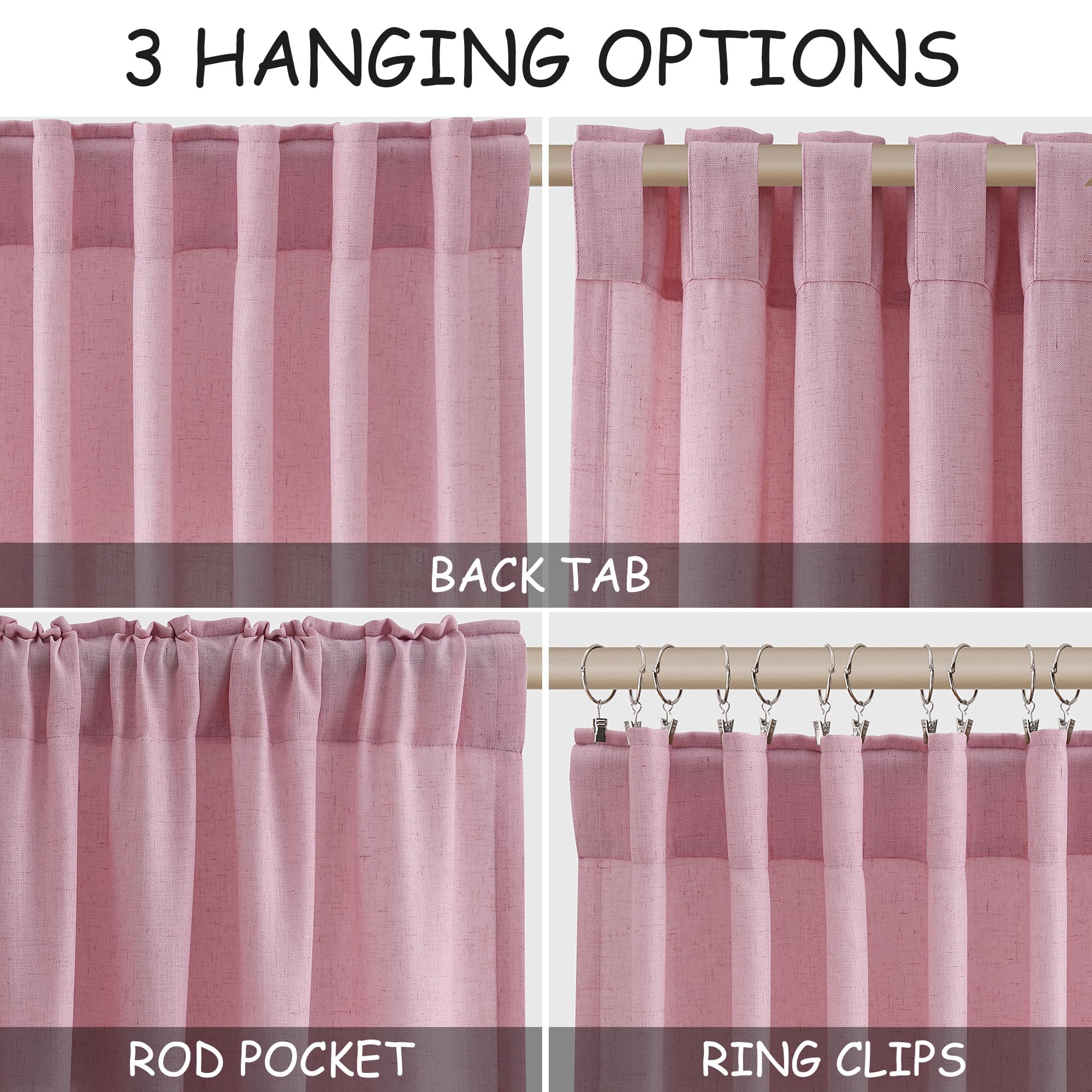 Nanspring Rose Linen Curtains 90 Inch Long 2 Panels Set Back Tab Rod Pocket Semi Sheer Light Filtering Boho Style Neutral Farmhouse Lightweight for Bedroom and Living Room 52x90