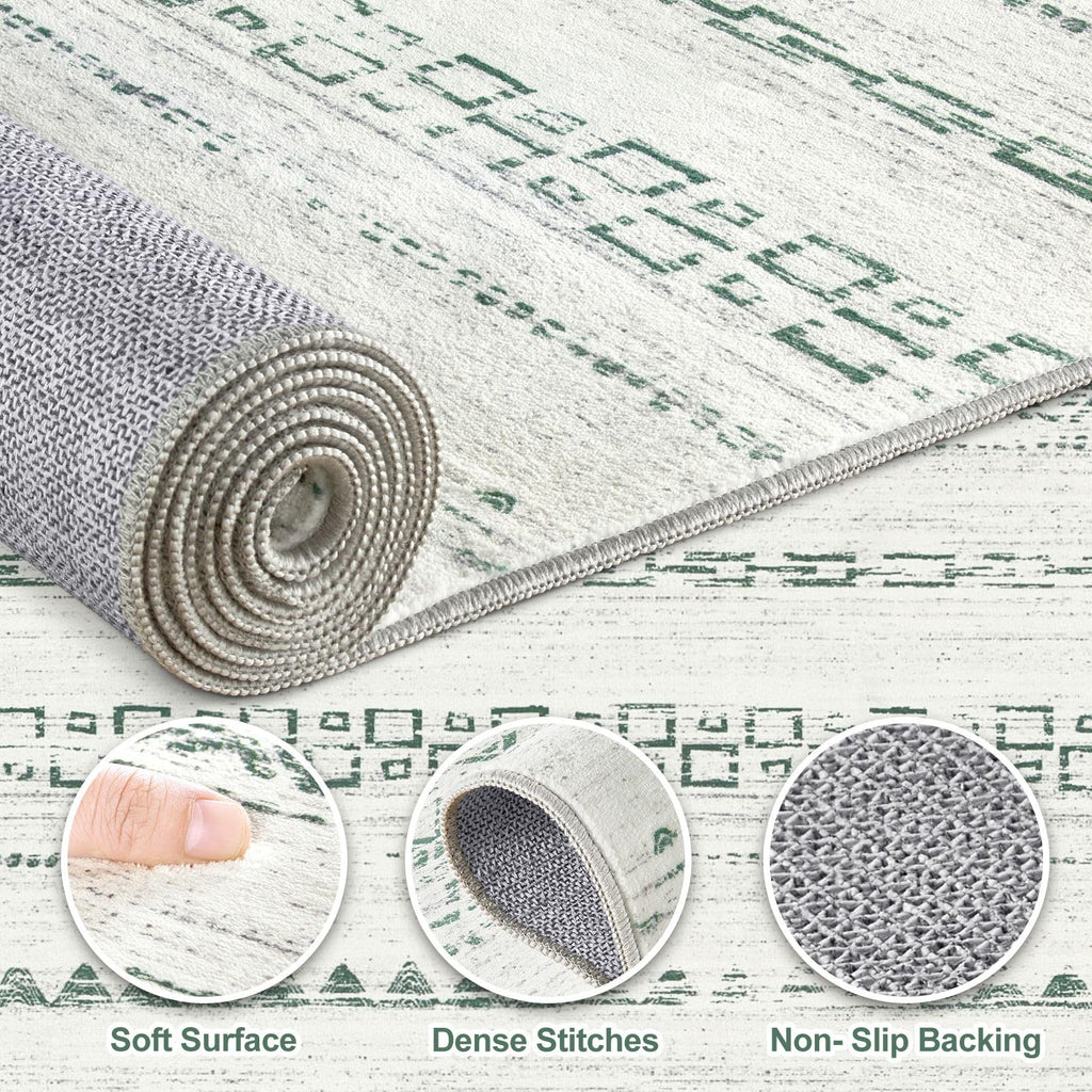 Nakagishi Green Rug Living Room 6x9: Washable Boho Large Neutral Farmhouse Soft Area Rugs Modern Stain Resistant Moroccan Indoor Non-Slip Floor Carpet for Bedroom Nursery Playroom Office Dining Room