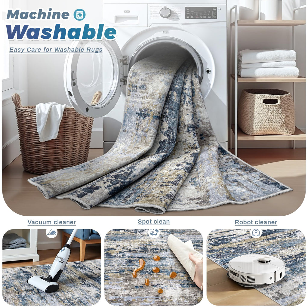 pmtsns Area Rugs 6x9 for Living Room: Washable Rug Modern Abstract Neutral Soft Non-Slip Low-Pile Indoor Carpet for Bedroom Dining Room Playroom Home Office (Blue Grey Brown, 6'x9')