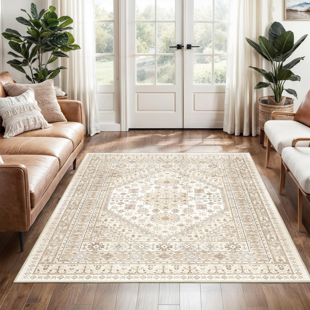 Restydon 3x5 Washable Area Rug for Entryway Non Slip Rugs, Cream/Beige