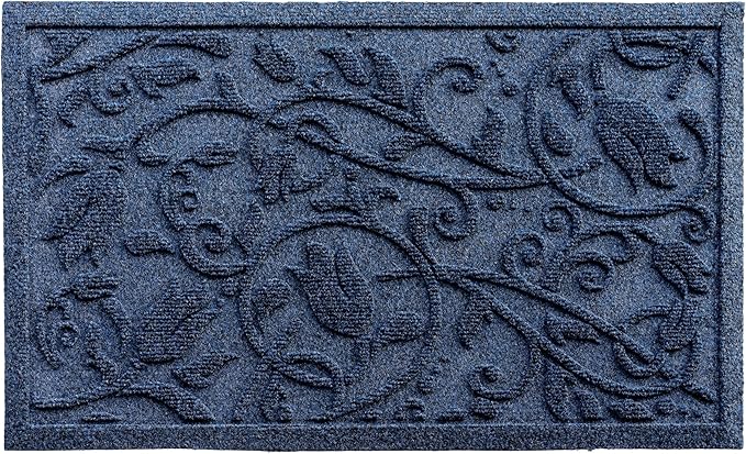 Boho Blue Floral Leaves Outdoor Indoor Entrance Doormats, Absorbent Durable Heavy Duty Welcome Front Door Mat,Thick Natural Rubber Back,Easy Clean Entryway Mat 23x35 Inch, Low Profile