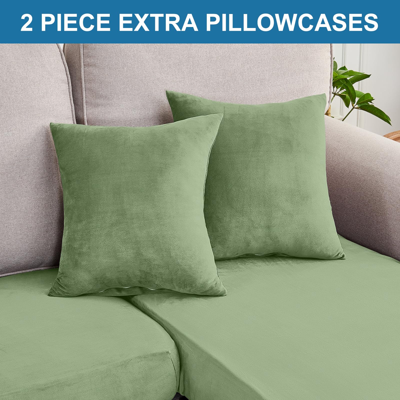 Taque Couch Cover 8-Piece Elastic Velvet Couch Cushion Covers & Chaise Slipcovers for L-Shaped Sofas, Sofa Seat Covers Washable, Soft Cover for Couches (7 Seater + Chaise, Avocado Green)