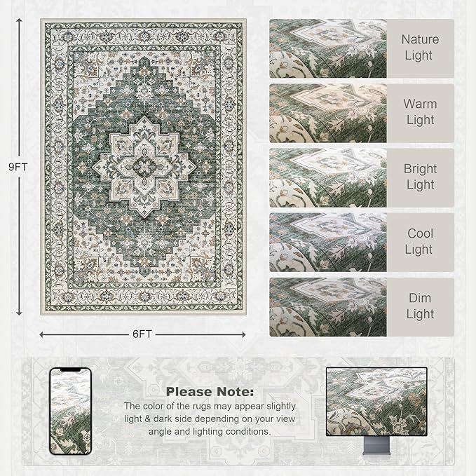 ExpediX 6x9 Area Rugs Living Room: Washable Rug for Bedroom Green Ivory
