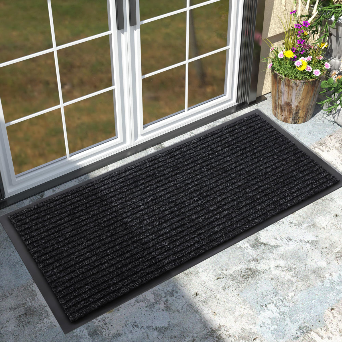 Yimobra Welcome Mat, Heavy Duty Sturdy Door Mats for Home Entrance Outdoor Indoor, Front Doormat for Outside Patio Floor Entry Porch Garage Office, Waterproof, Low Profile, 60 x 36, Black Grey
