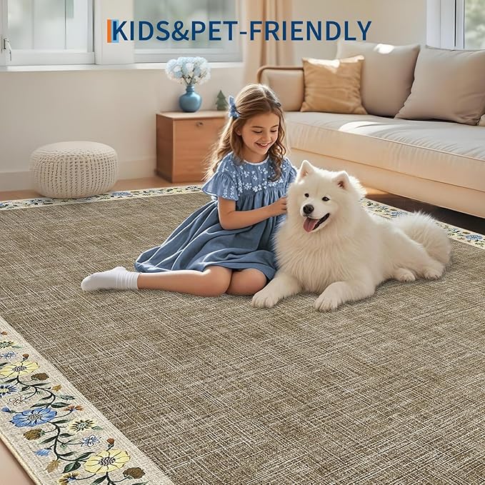 GarveeHome Washable Living Room Rug 9x12 Floral Bordered Area Rugs Soft Thin Indoor Carpet for Bedroom Modern Throw Aesthetic Mat Non Slip Stain Resistant Carpet for Dining Room Office, Dark Camel