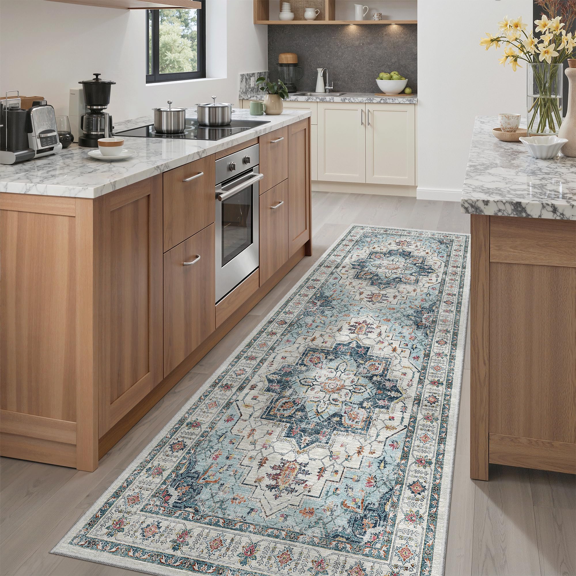 Madane Hallway Runner 3x8, Kitchen Rugs Washable Entry Rug, Blue