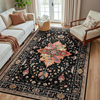 Area Rugs 5'x8' Washable Non-Slip, Floral Vintage Distress Print Pattern Medallion Carpet for Living Room Bedroom Dining Room, Black Colorful Floral Dark Tan