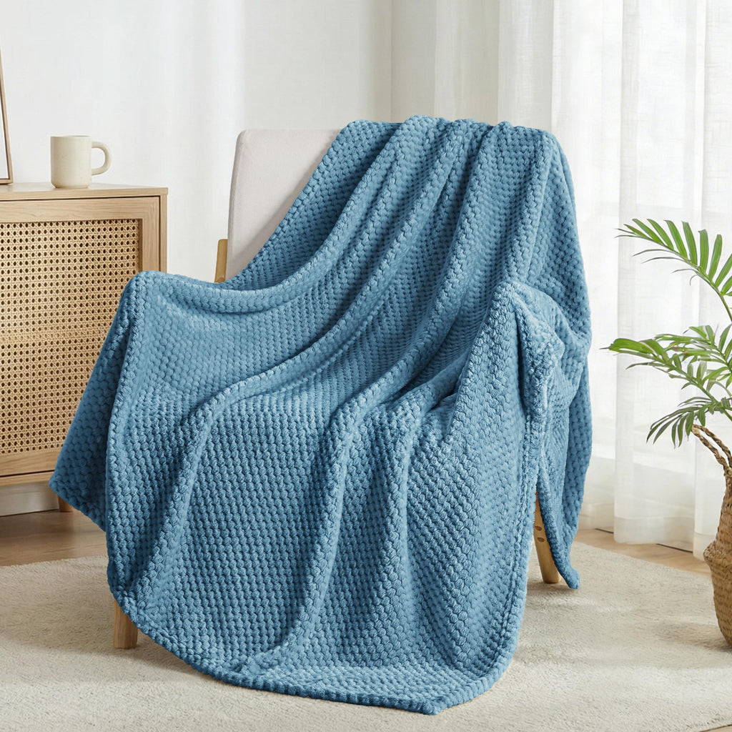 Exclusivo Mezcla Large Waffle Fleece Throw Blanket for Couch, Slate Blue