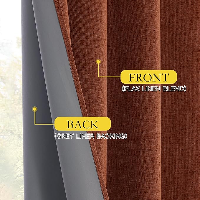 NICETOWN 100% Absolutely Blackout Linen Curtains with Thermal Insulated Liner, 62" Wide, 2 Panels, 108" Long Drapes, Grommet Retro Burnt Orange Linen Curtains Vertical Drapes Privacy for Bedroom