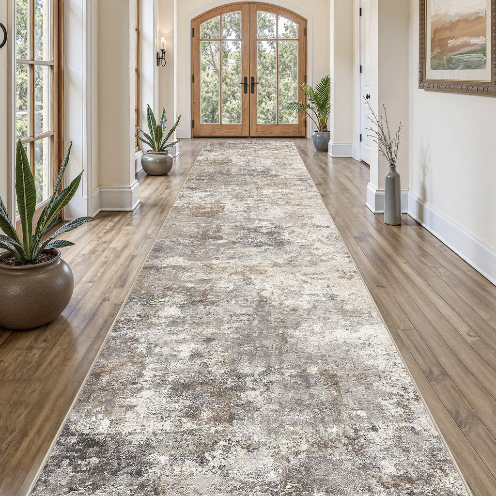 UERMEI 3x18 Washable Runner Rug for Hallway, Non Slip Low Pile Kitchen Carpet, Neutral Modern Abstract Indoor Floor Mat for Entryway Laundry, Kid & Pet Safe High Traffic Area, Brown Grey