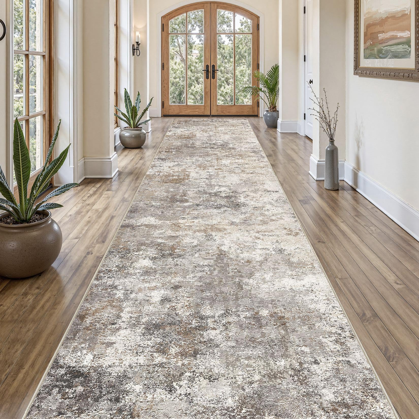 UERMEI 3x18 Washable Runner Rug for Hallway, Non Slip Low Pile Kitchen Carpet, Neutral Modern Abstract Indoor Floor Mat for Entryway Laundry, Kid & Pet Safe High Traffic Area, Brown Grey