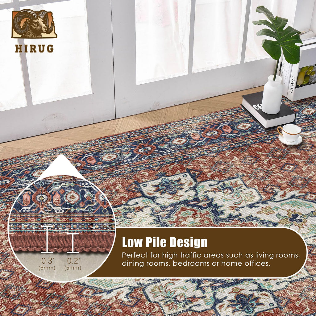 Washable Area Rug 8' x 10' Vintage Traditional Persian Mat - Foldable Distressed Non-Slip Machine Washable Carpet for Living Room Bedroom Kitchen Home Decor - Terracotta and Navy