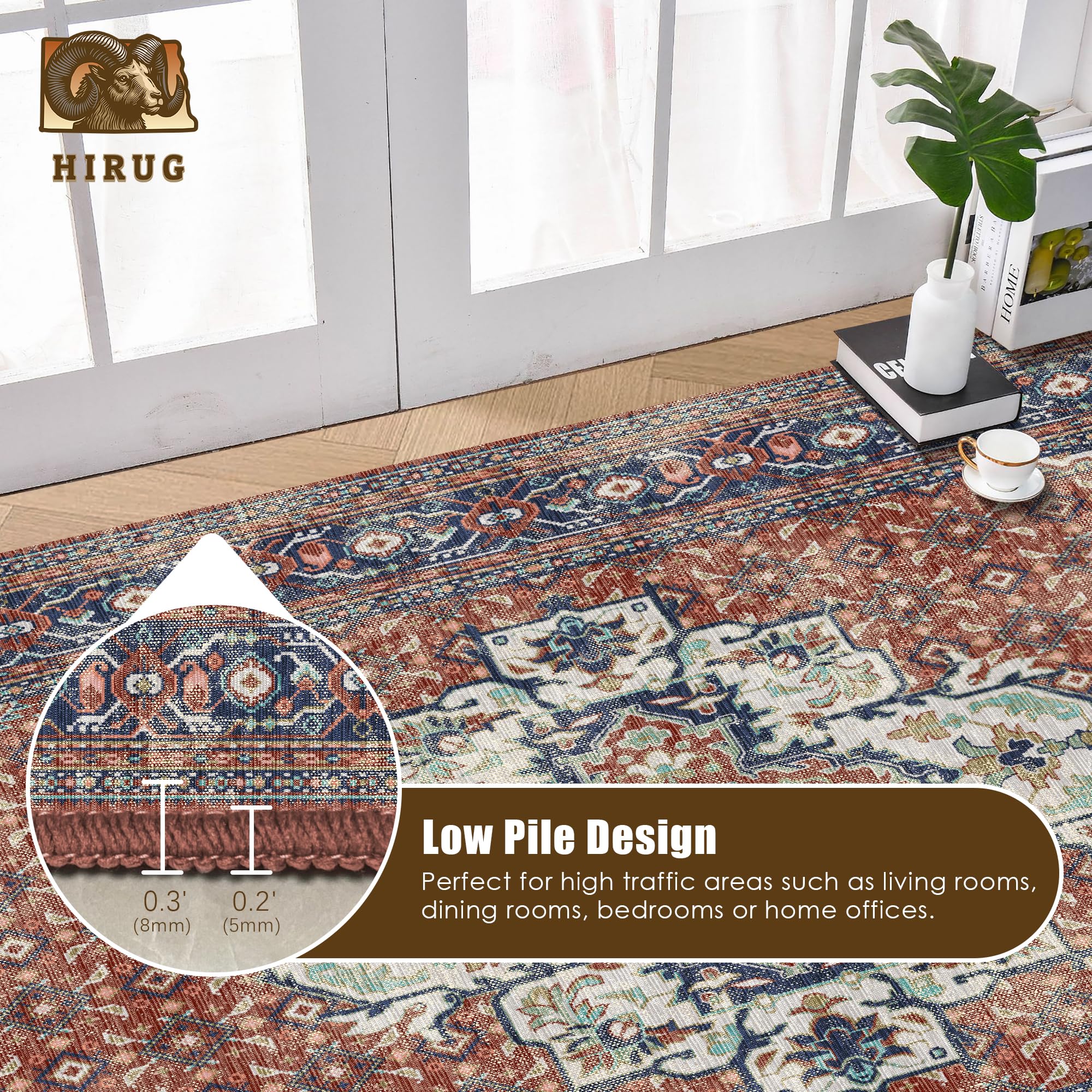 Washable Area Rug 8' x 10' Vintage Traditional Persian Mat - Foldable Distressed Non-Slip Machine Washable Carpet for Living Room Bedroom Kitchen Home Decor - Terracotta and Navy