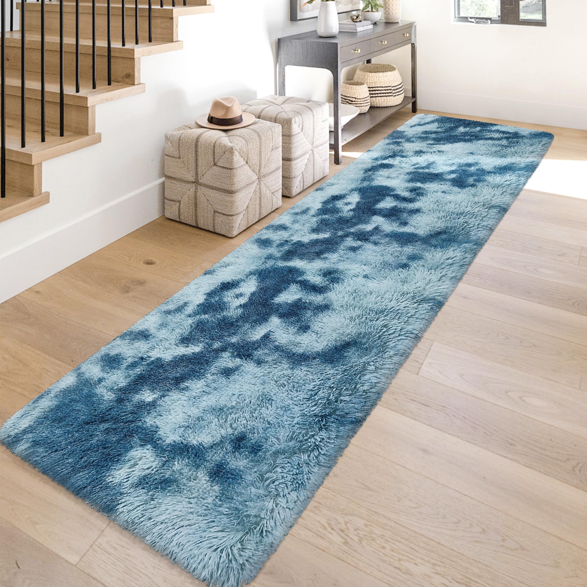 JiaoBaba Super Soft Fluffy Living Room Area Rug 2x10 ft Tie-Dyed Light Blue Shaggy Furry Carpet Washable Non-Slip Floor Rugs Bedroom Bedside Nursery Rug Fuzzy Girls Boy Dorm Home Decor Aesthetic