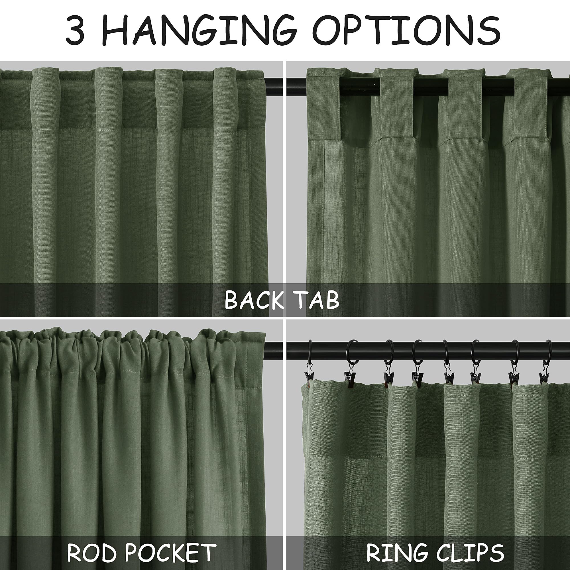 Extended Curtain Olive Green Linen Sheer Curtains for Living Room 2 Panels Set 112 Inch Length Back Tab Light Filtering & Breathability Semi Sheer Curtain Drapes for Bedroom Living Room 52x112