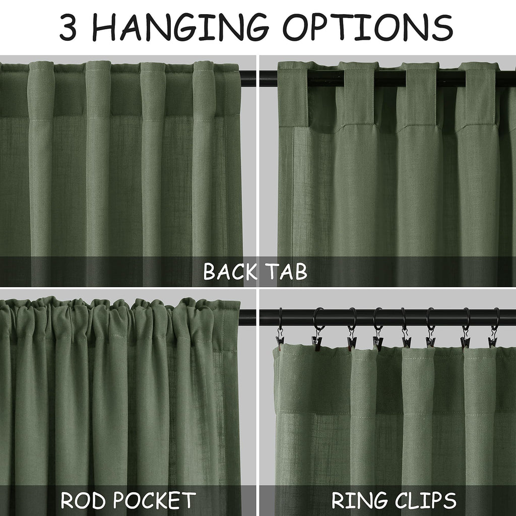 136 Inch Extra Long Curtain for Floor to Ceiling High Window Olive Green Linen Back Tab Curtains for Living Room Filtered and Breathable Semi Sheer Drapes Modern Farmhouse Boho Decor 52x136,2PCS