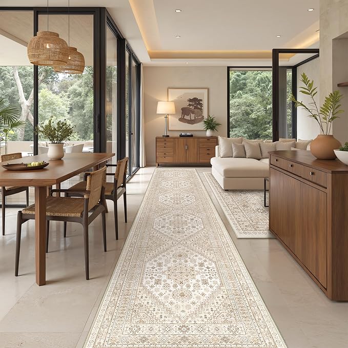 Restydon Washable Runner Rug 2.5x16, Non-Slip Long Kitchen Rugs,Cream/Beige
