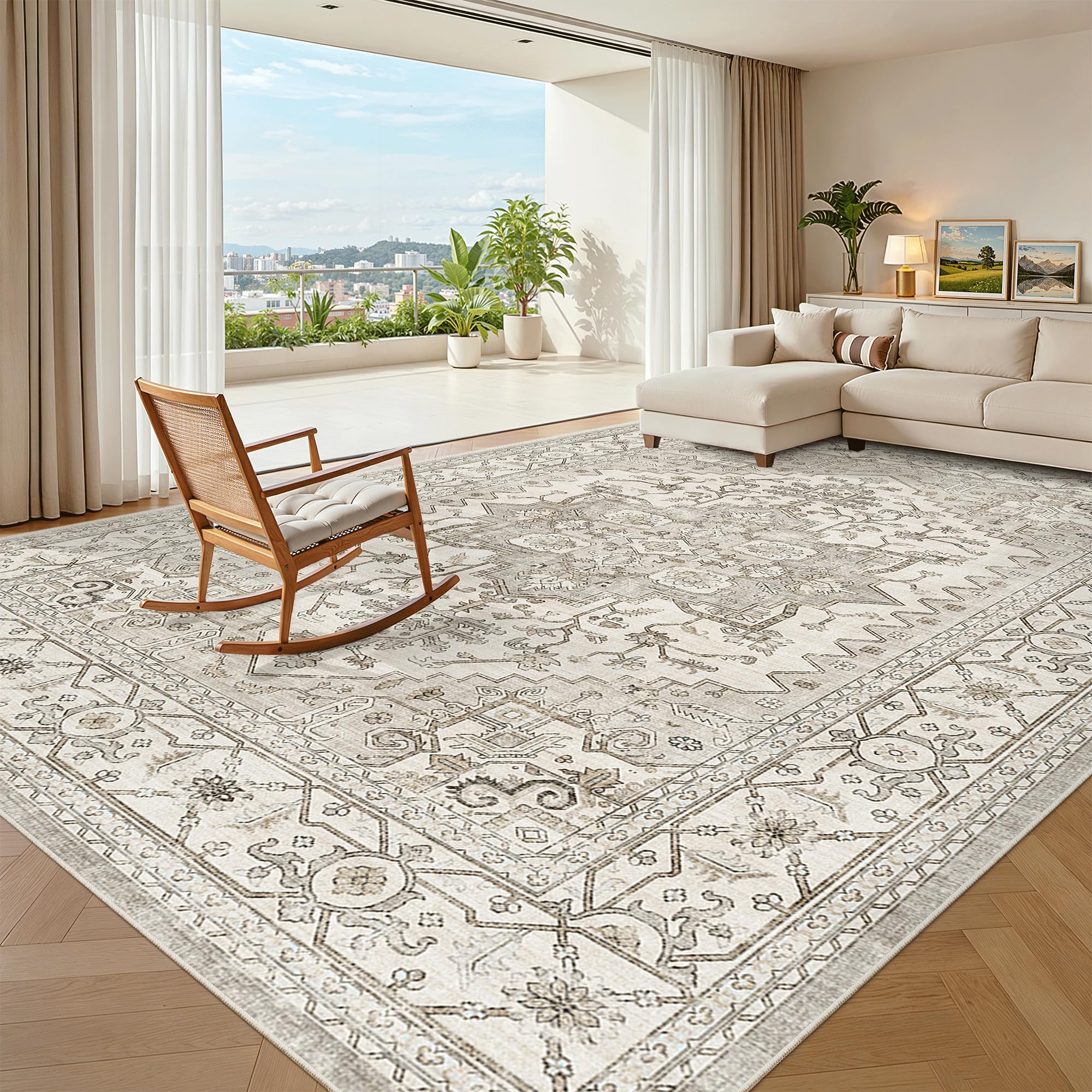 Madane 8x10 Area Rugs for Living Room, Non-Slip Washable Rug, Beige/Brown