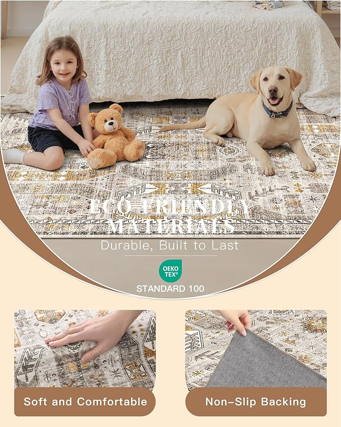 Madane Hallway Runner 3x8, Kitchen Rugs Washable Entry Rug, Brown/Gold