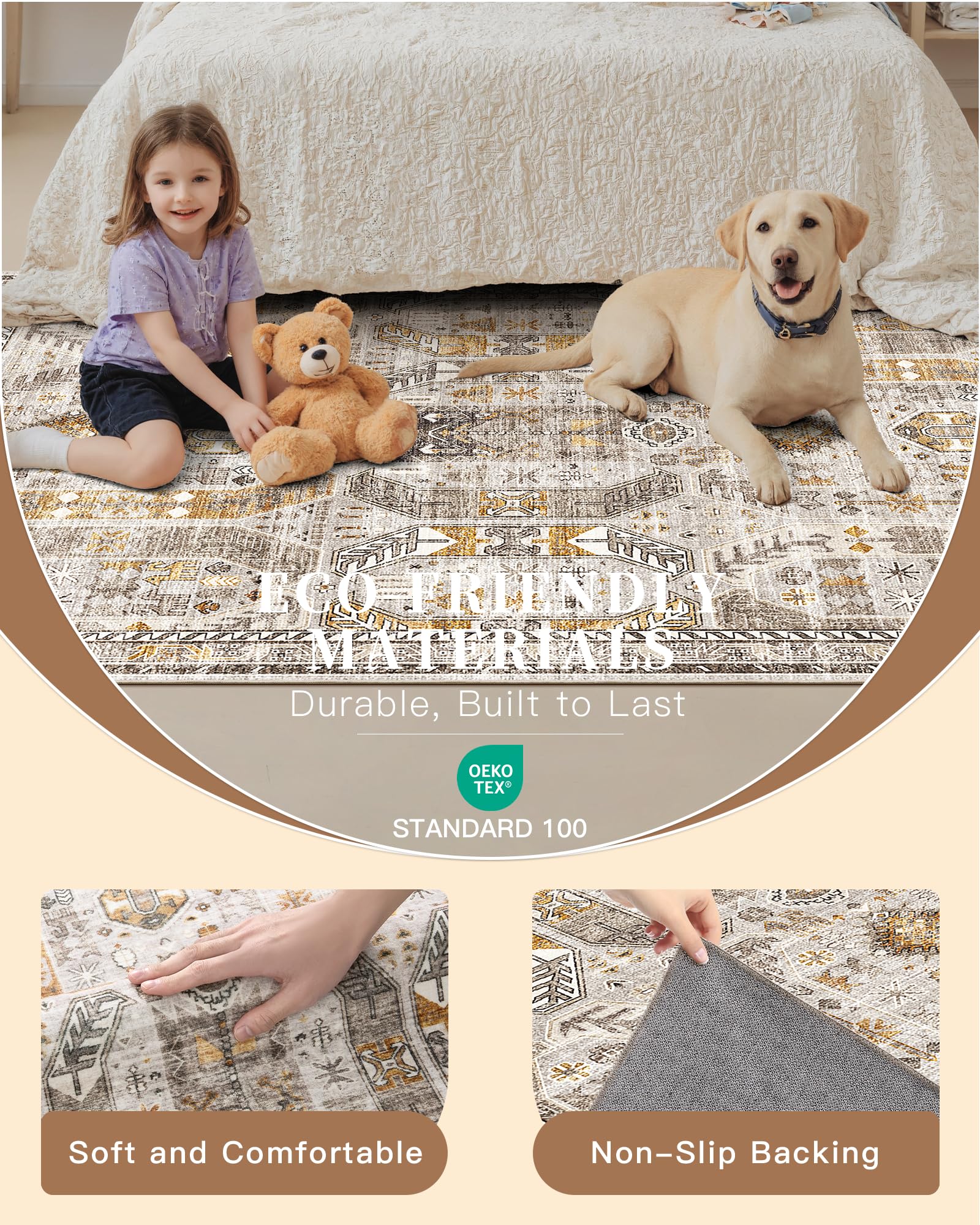 Madane Washable Runner Rug 3x6 Runners for Hallways Non Slip, Brown/Gold