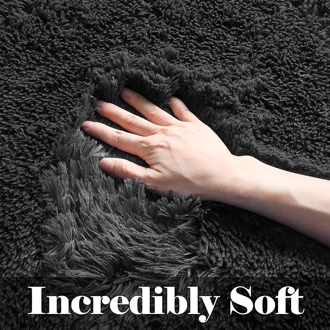 ONASAR Black Area Rugs for Bedroom Living Room, Fluffy Fuzzy Shaggy 4x6 Bedside Rug, Soft Plush Modern Indoor Floor Carpet for Nursery Kids Girls Boys Teen Dorm Home Office Decor Aesthetic