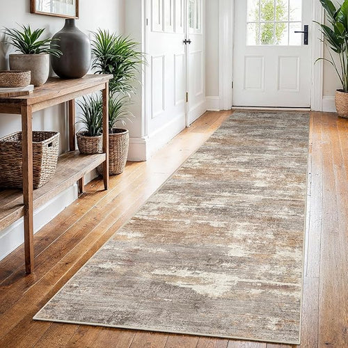2'6x12 Runner Rug Washable Abstract: Non Slip Hallway Floor Mat Brown/Brick