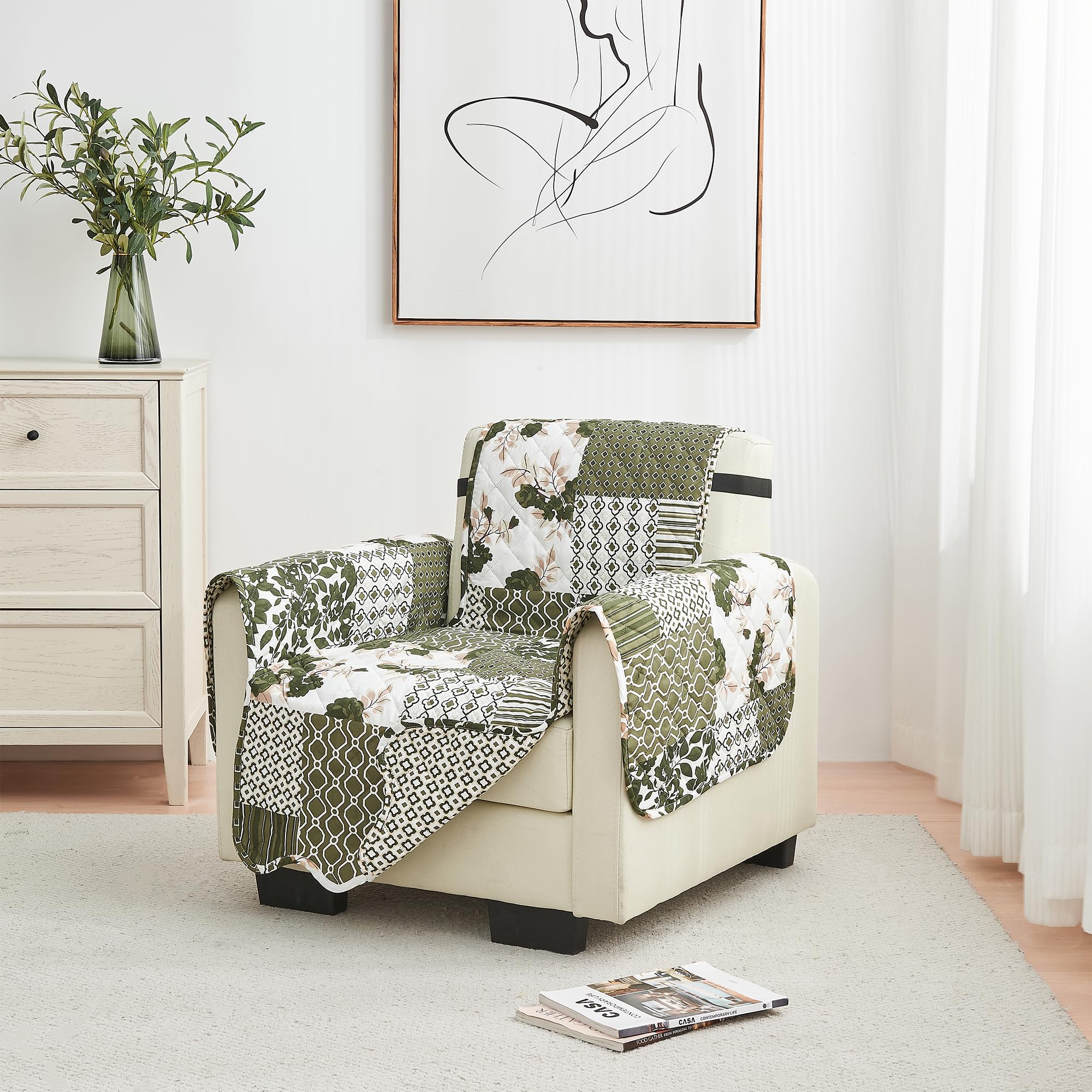Great Bay Home Reversible Patchwork Chair Cover - Washable Slipcover Furniture Protector with Elastic Straps - Perfect for Kids & Pets - Box-Stitched Detail (Olive/Brown)