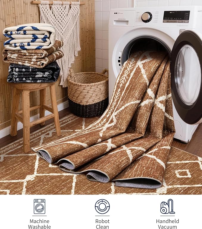 YIHOUSE Western Area Rugs for Living Room 5x7, Moroccan Aztec Burnt Orange Rug, Southwestern Soft Low-Pile Washable Rugs for Bedroom, Dining Room
