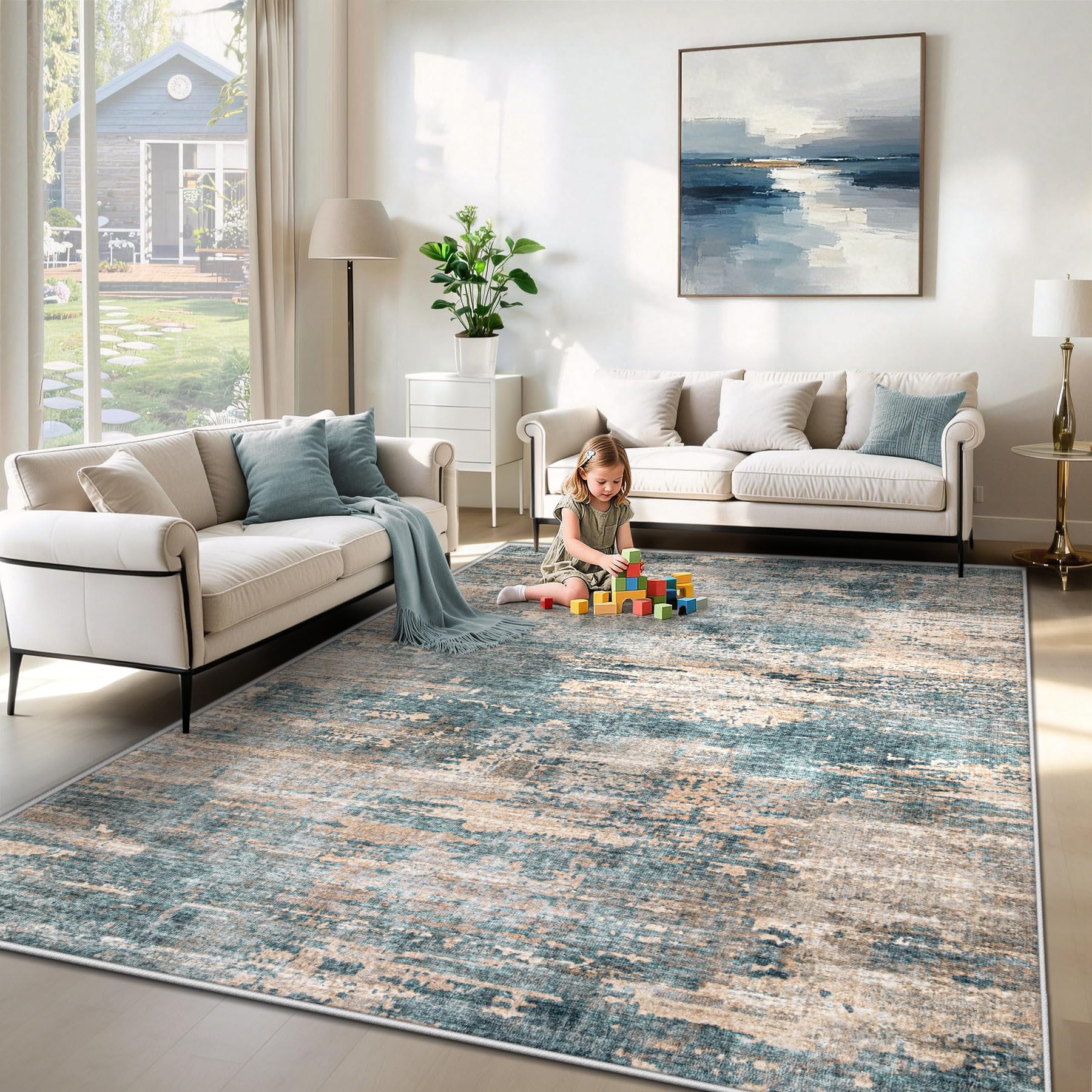 XLUEZ 6x9 Area Rugs for Living Room, Washable Modern Abstract Large Area Rug Neutral Soft Non Slip Kids Rug Stain Resistant Indoor Carpet for Bedroom Nursery Dining Room Playroom(GreenBrown, 6'x9')