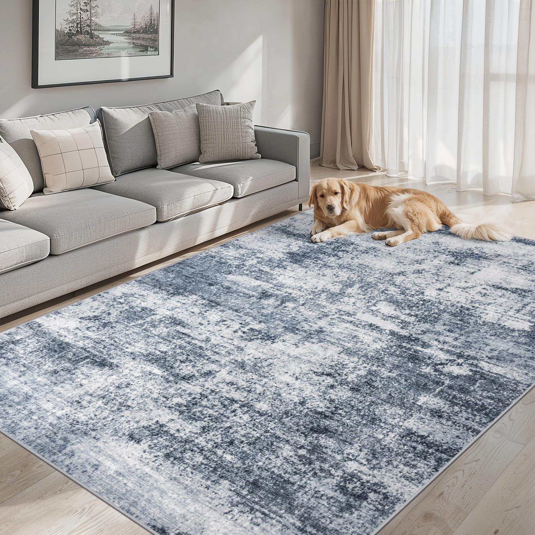 PLHXFR 8x10 Area Rug Living Room: Abstract Washable Carpet Grey Blue