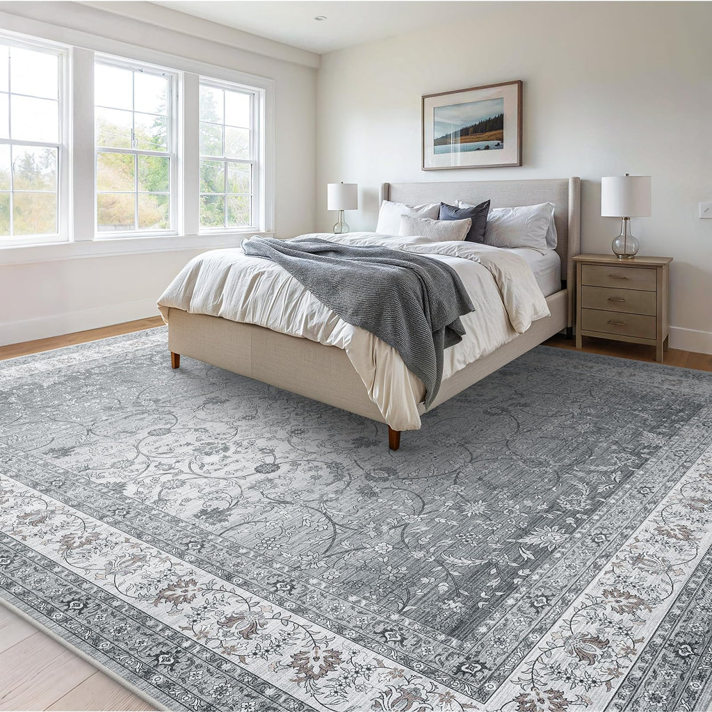 AMADA HOMEFURNISHING 5x7 Area Rugs, Washable Living Room Rug with Non-Slip Backing, Low Pile and Durable Edge Binding, Soft Vintage Floral Rugs for Living Room, Bedroom, Dining Room