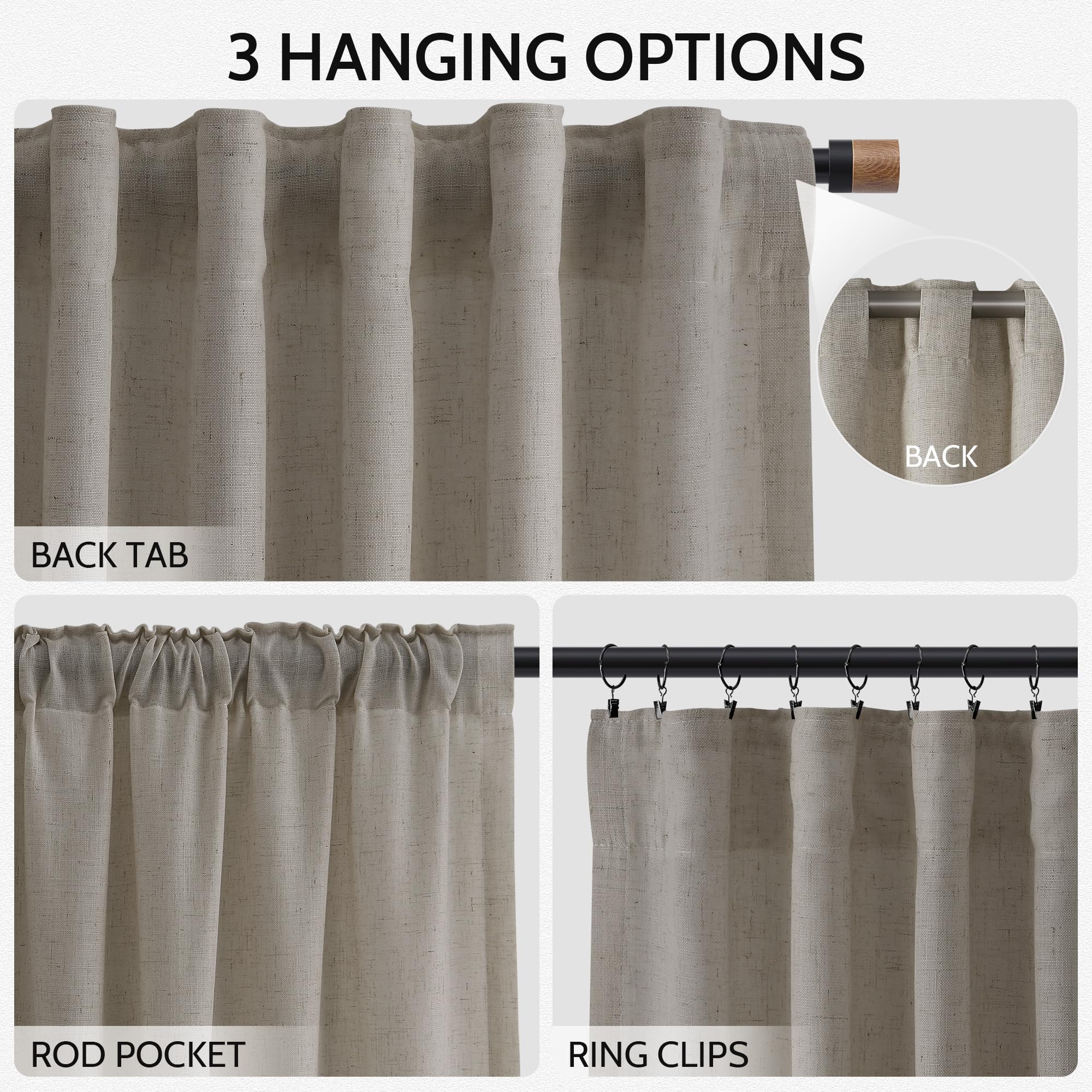 Nanspring Grey Beige Linen Curtains 84 Inches Long for Living Room Light Filtering Semi Sheer Curtain Back Tab Simple Modern Elegant Neutral Luxury Boho Gray Drapes for Bedroom 52x84, 2 Panels