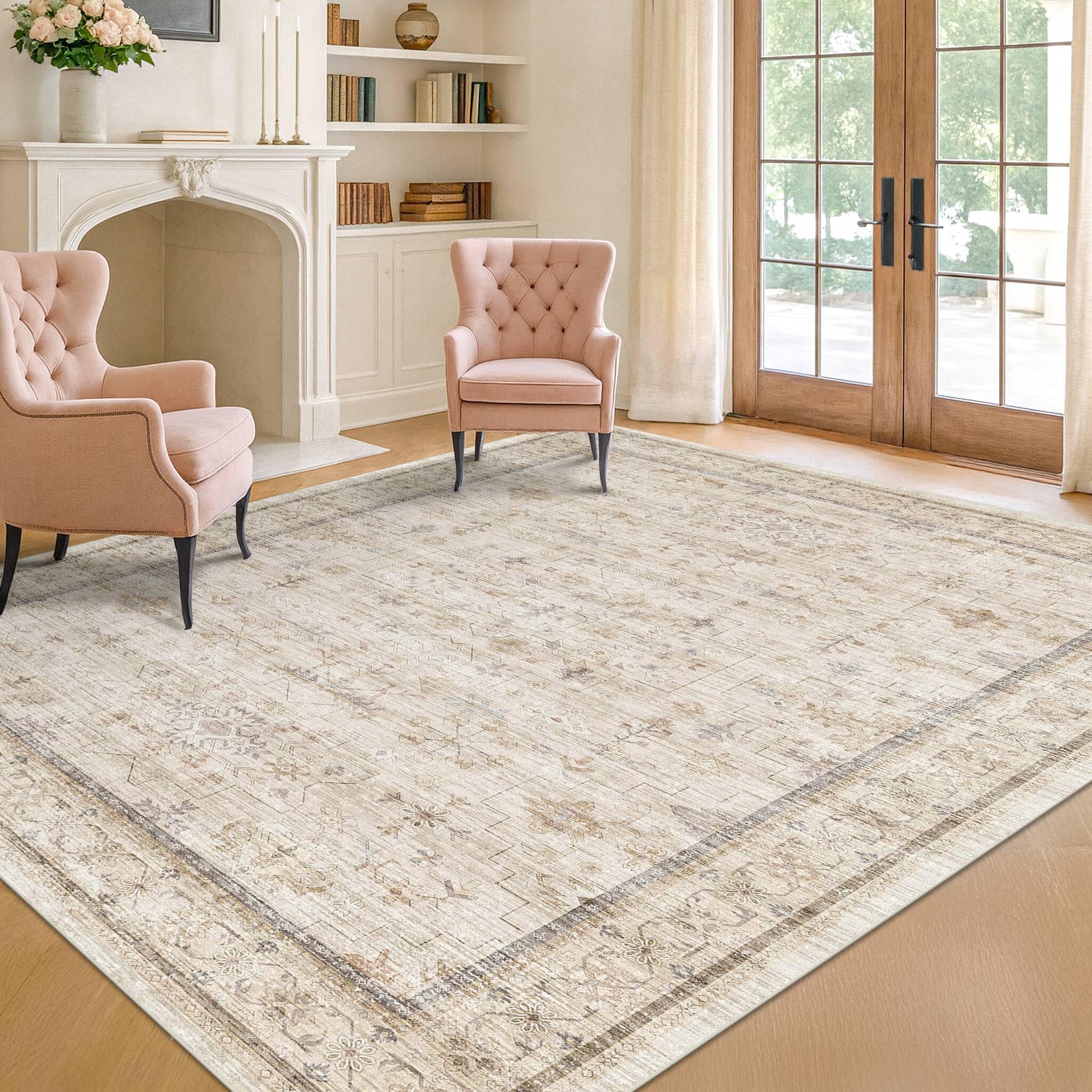 Washable Ivory 5x7 Rug for Bedroom, Home Office, Non Slip Dinning Rugs for Under Table, Low Pile Neutral Farmhouse Retro Living Room Carpet