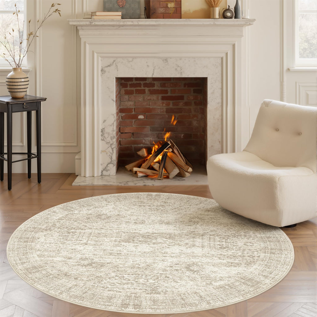 Soalmost 6x6 Beige Round Rug 6ft Circle Living Room Area Rugs Non-Slip