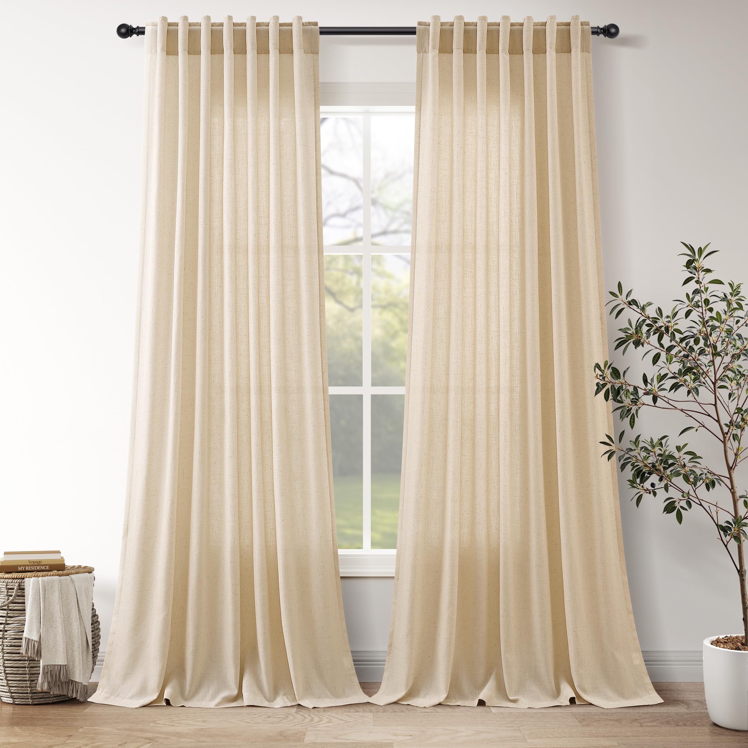 Extra Long Curtains 102 Inches Long for Living Room Tan Back Tab Rod Pocket Light Filtering Semi Sheer Drapes Cotton Linen Textured Window Curtain for Bedroom 9 FT,2 Panels