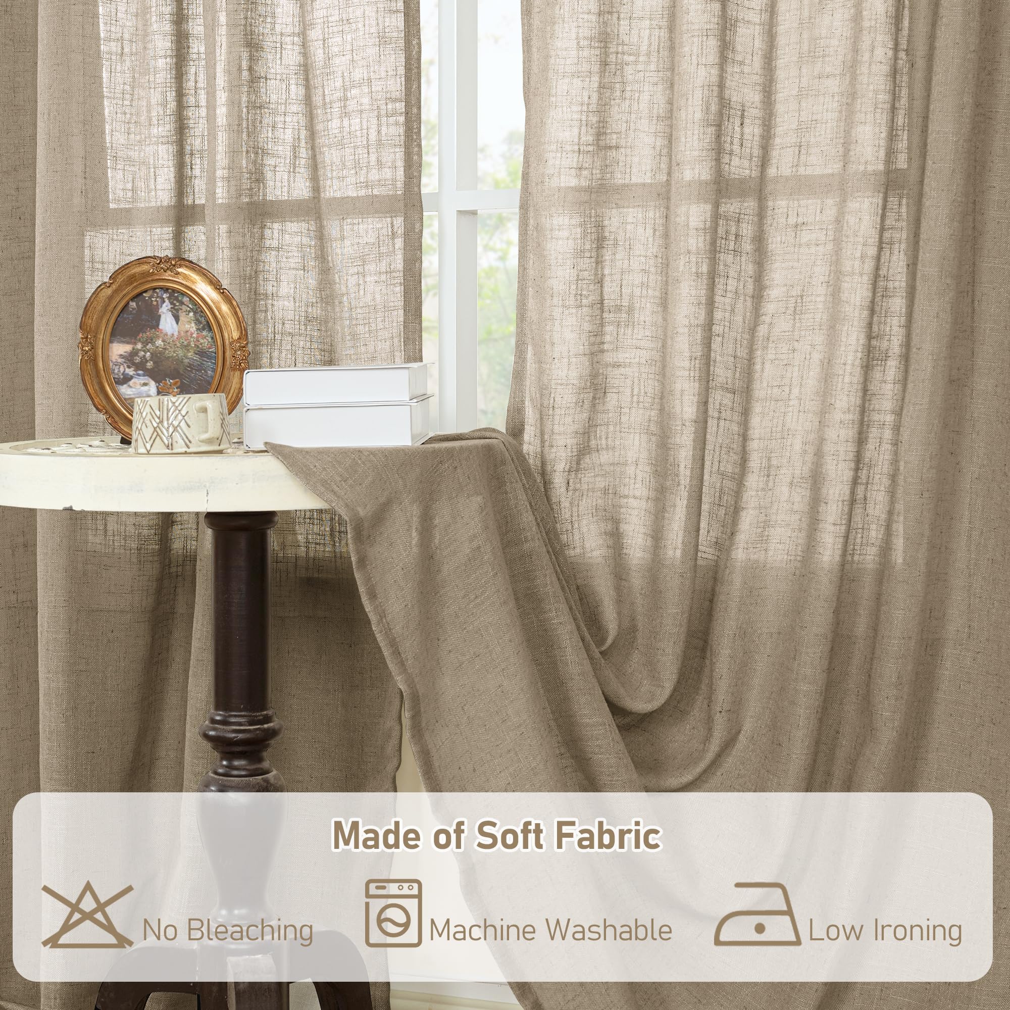 LAMIT Taupe Linen Curtains 90 Inch for Living Room, Semi Sheer Panels