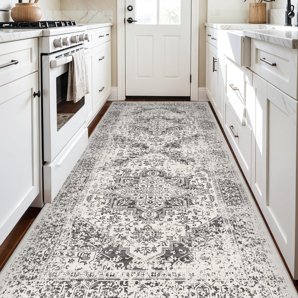 EISUROM 4x8 Washable Hallway Runner Rug: Vintage Wide Low Pile Rugs Gray