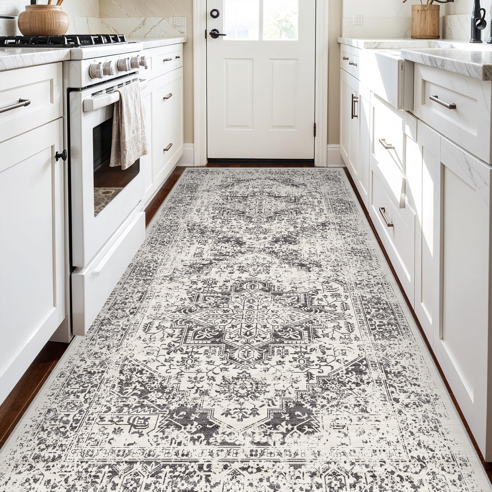 EISUROM 4x8 Washable Hallway Runner Rug: Vintage Wide Low Pile Rugs Gray
