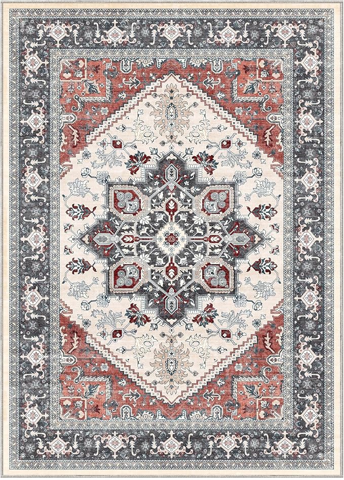 OPPODREAM Soft 10x14 Area Rugs, Washable Rugs 10x14 with Non Slip Backing, Low-Pile Faux Cashmere 10 x 14 Carpet, Black & Red